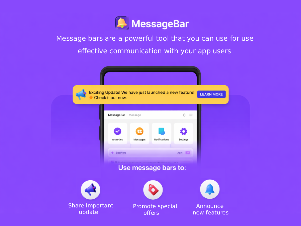 MessageBar dashboard showing message settings and live preview panel