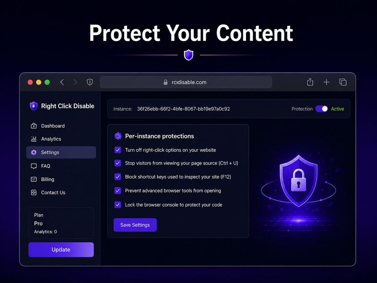 Right Click Disable dashboard showing real-time content protection status